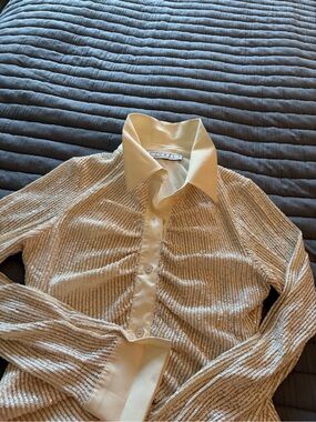Itmfl Sequin Ruched Shimmery Cream Satin Collared Button-Up Top Bodysuit